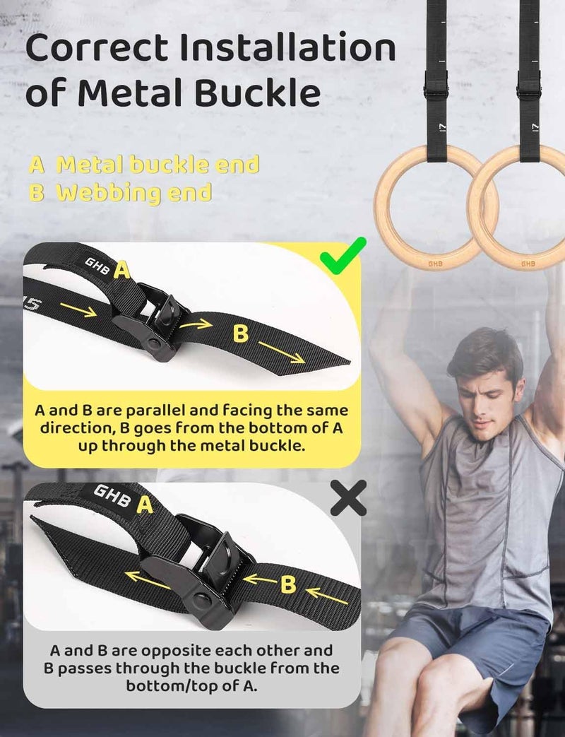 GHB Gymnastic Rings Wooden Gym Rings 1.25" Olympic Rings Adjustable Straps Pull Up Rings Sets for Workout Bodyweight Fitness Training - Image 5